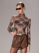Turtleneck Sheer Mesh Plaid Long Sleeve Top