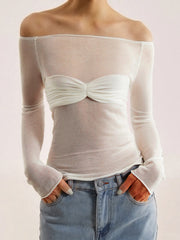 Semi-Sheer Off-Shoulder Mesh Long Sleeve Shirt