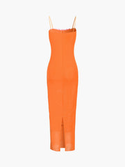 Semi-Sheer Mesh Lace Trim Long Dress