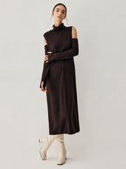 Mock Neck Long Sweater Dress With Gloves