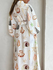 Marine Life Print Button-Front Belted Long Dress