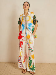 Casual Shift Linen Blend Style Print Pants Set