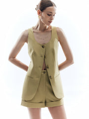 Woolen Button Split Pleated Vest