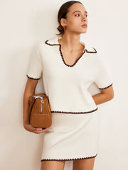 Contrast Trim V-Neck Polo Knit Top
