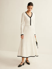 Contrast Trim Pleated Knit Skirt Set