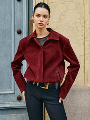 Zipper-Pockets Lapel Suede Effect Jacket
