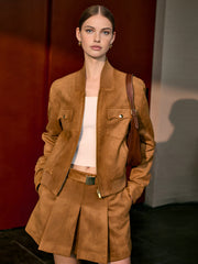 Suede Effect Pleated Pockets Skirt With Belt
