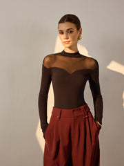 Sheer Mesh-Detail Sweetheart Slim Top