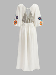 Semi-Sheer Embroidery V-Neck Floral Dress