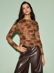 Semi-Sheer Straight Neck Velvet Floral T-Shirt