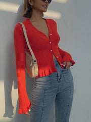Ruffled Trim Button-Front Long Sleeve Cardigan