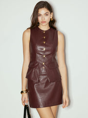 Metal-Button Faux Leather Skinny Vest