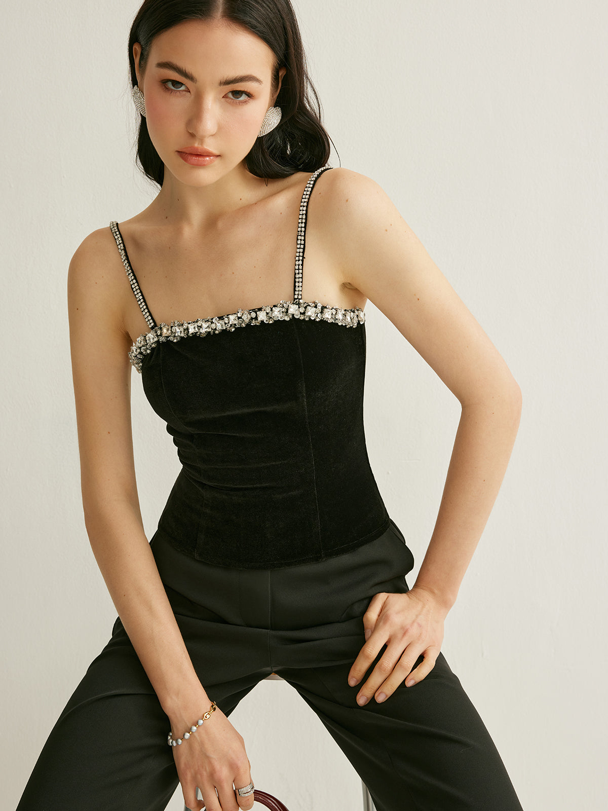 Rhinestone-Embellished Velvet Cami Top – Okeek