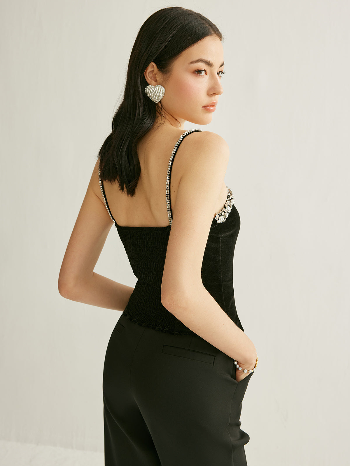 Rhinestone-Embellished Velvet Cami Top – Okeek
