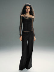 3D Flower Off-Shoulder Sheer Mesh Panel T-Shirt