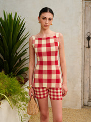 Checkerboard Sleeveless Knit Shorts Set