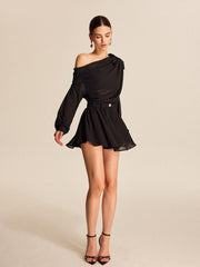 Semi-Sheer Chiffon One-Shoulder Bow Detail Skirt Set
