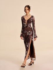 Semi-Sheer Mesh Floral Cutout Slit Dress