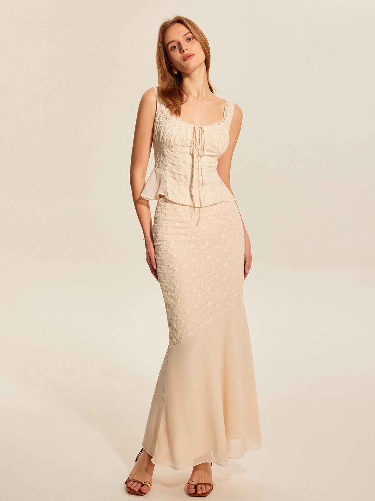 Semi-Sheer Floral Embroidered Panel Skirt