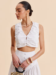 Ruched Crop Top With Buttoned Skirt Set
