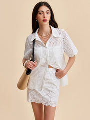 Semi-Sheer Cotton Eyelet Embroidered Skirt Set