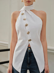 Halter Asymmetrical Metal Button Top