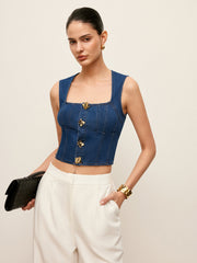 Cotton Square Neck Button Detail Denim Top