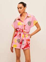 Fruit & Shell Print Tie-Waist Jumpsuit