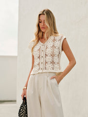 Semi-Sheer Jacquard Cut-Out V-Neck Tank Top