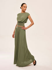 Gathered Waist Top With Flowy Skirt Set