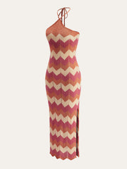 Color Block Halter Knotted Split Sweater Dress