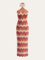 Color Block Halter Knotted Split Sweater Dress