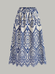 Cotton Embroidery Scalloped Hem Elastic Waistband Skirt