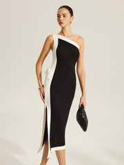 Side Tie Color-Block One-Shoulder Knit Dress
