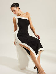 Side Tie Color-Block One-Shoulder Knit Dress