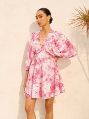 Floral Puff Sleeve Ruched V-Neck Dress