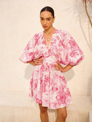 Floral Puff Sleeve Ruched V-Neck Dress