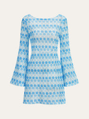 Semi-Sheer Backless Crochet Dress with Flared Sleeves
