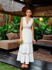 Semi-Sheer Lace Trim V-Neck Dress