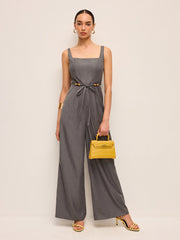 Square Neck Belted Jumpsuit With Beaded Waist Tie
