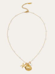 Golden Shell & Starfish Necklace With Pearls
