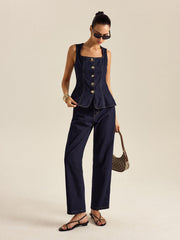 Denim Metal Button Peplum Top and Pants Set