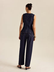 Denim Metal Button Peplum Top and Pants Set