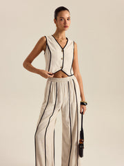 Linen & Cotton Striped Pants Set With Elastic Waist