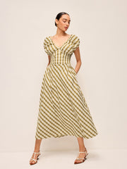 Sweetheart Neck Puff Sleeve Plaid Dress Without Belt