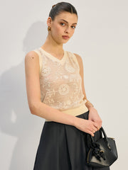 Semi-Sheer Ribbed V-Neck Knit Vest