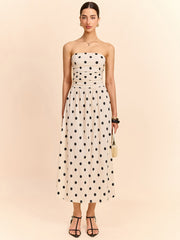 Strapless Polka Dot Ruched Midi Dress