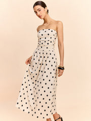 Strapless Polka Dot Ruched Midi Dress