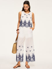 Embroidered Cropped Top and Wide-Leg Pants Set