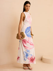 Semi-Sheer Ocean Print Maxi Dress with Slit